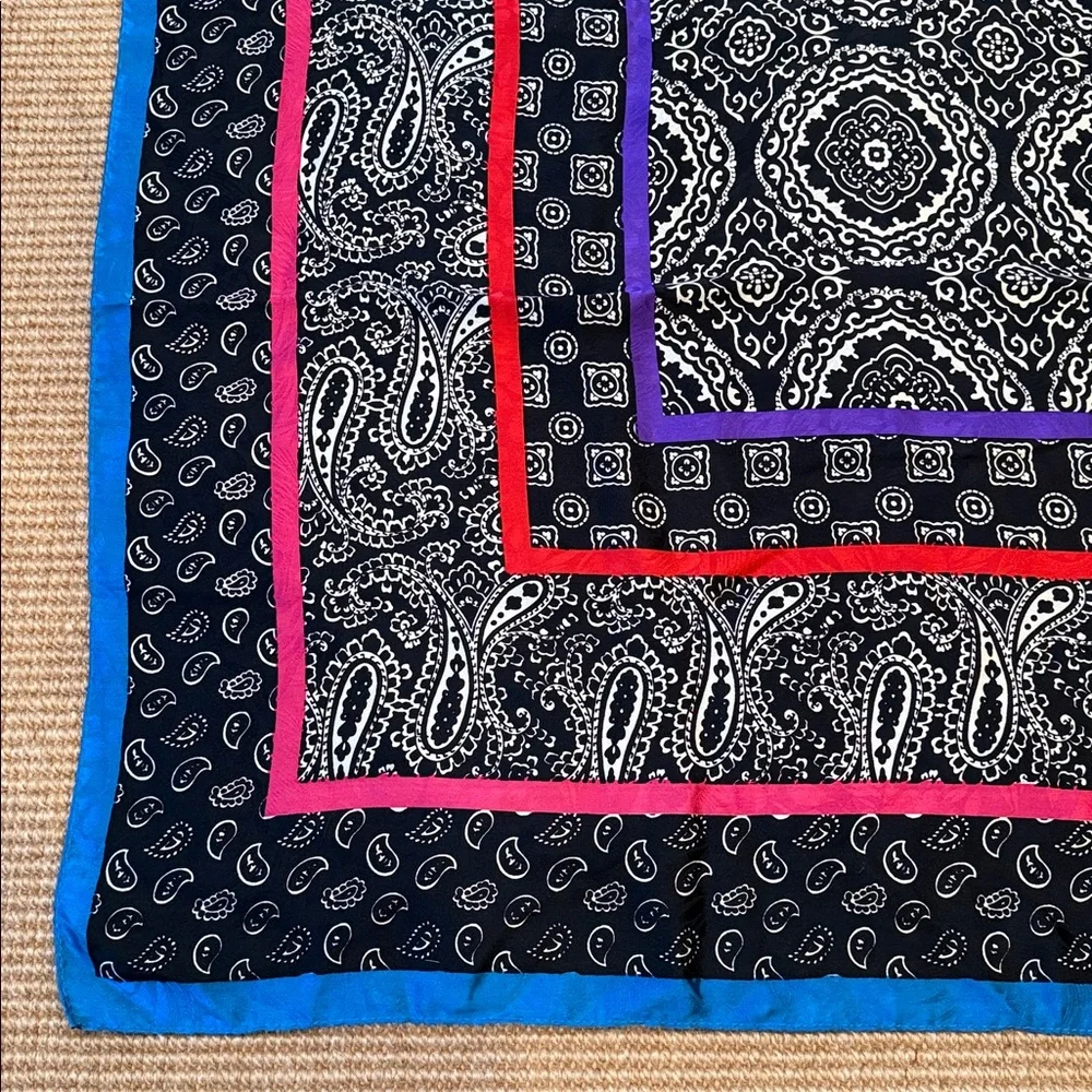 Vintage Large Silk Scarf- Black & White w/ Turquoise, Pink, Red & Purple